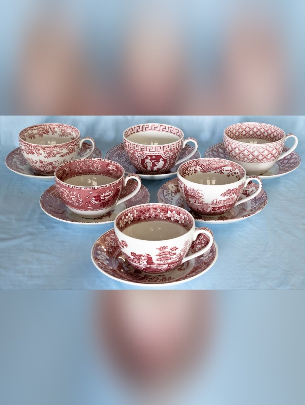 Beautiful Spode Archive Collection Red Jumbo Cups and Saucers. Set of 6.England!